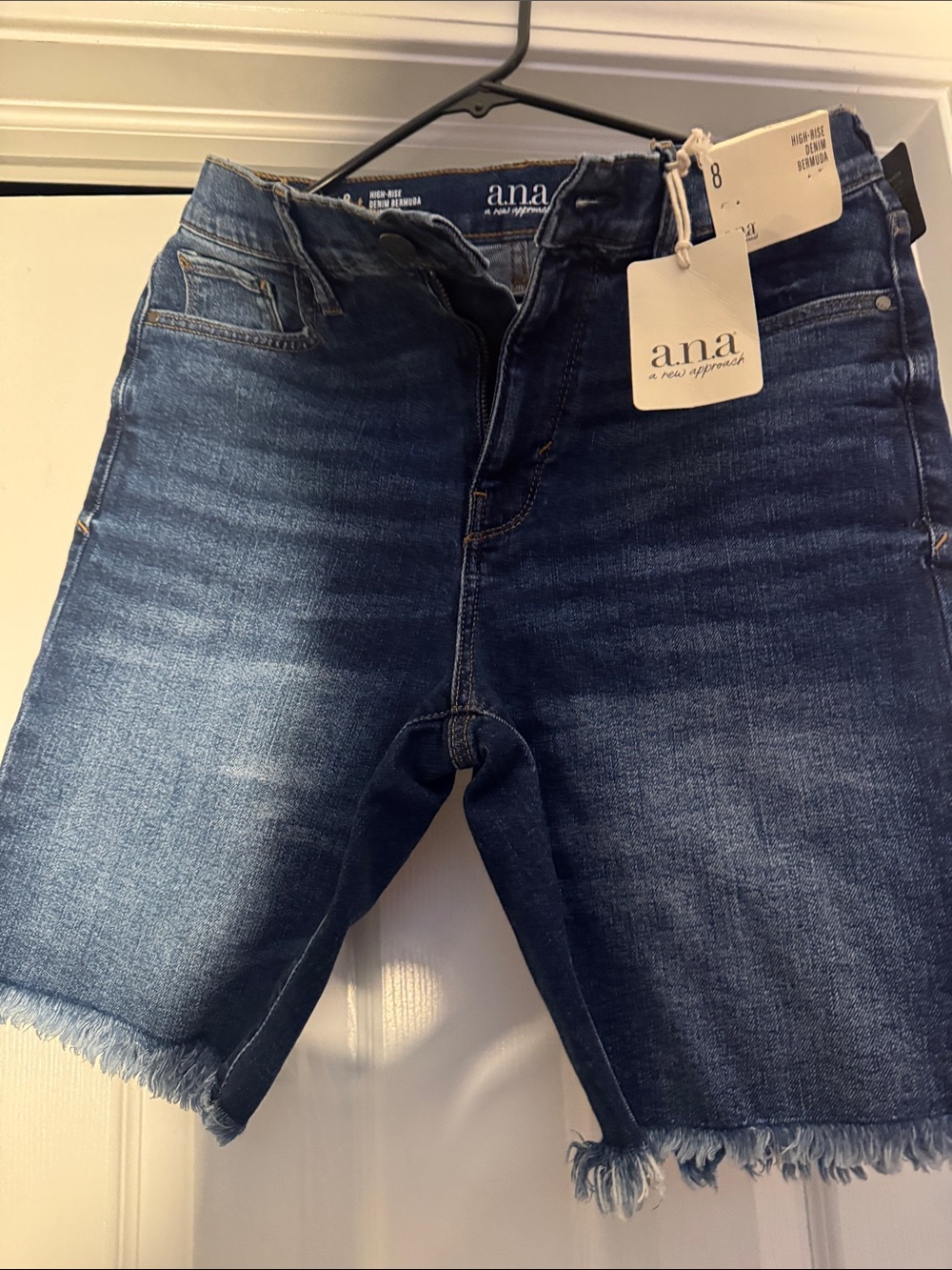 a.n.a Dark Blue Relaxed Denim Bermuda Shorts with Frayed Hem
